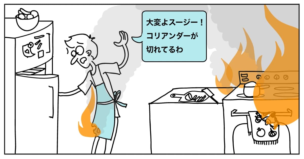 服に火がついた人が慌てふためきながら叫ぶ。「ちくしょう、スージー！コリアンダーが切れてるぞ！」その間にも台所は炎に包まれている。