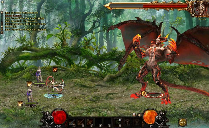 豊かな森に囲まれた環境で、キャラクターたちが巨大な悪魔と戦うファンタジービデオゲームのシーン。